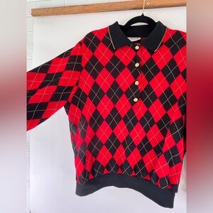 VTG Alfred Dunner Red Black Argyle Polo Sweater Gold Buttons Size Large Preppy